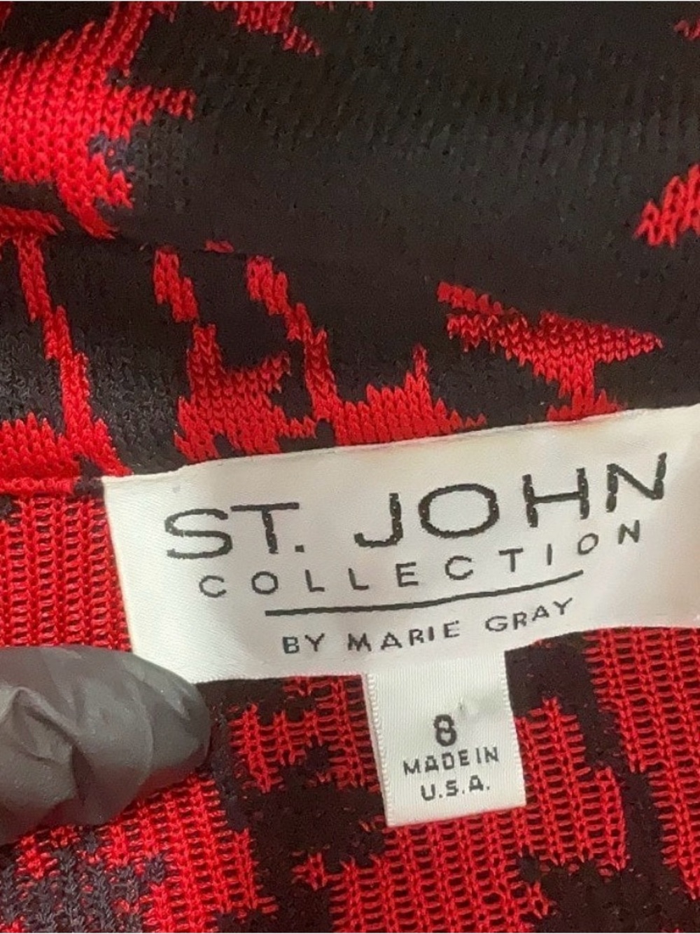 Vintage St. John Collection Marie Gray Black Red Jacquard Zip Jacket Size 8 - Picture 9 of 9